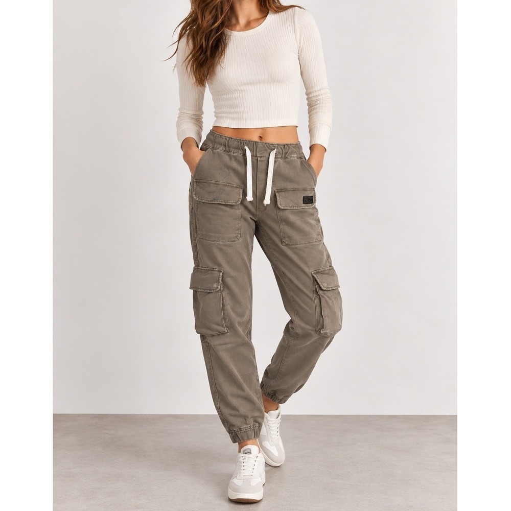 Zara Cargo Jogger Pants Women M Taupe Brown Utility Drawstring Pocket